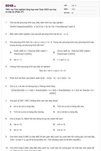 7881 câu  Trắc nghiệm tổng hợp môn Toán 2023 cực hay có đáp án (Phần 37)