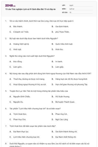 15 câu Trắc nghiệm Lịch sử 8 Cánh diều Bài 15 có đáp án