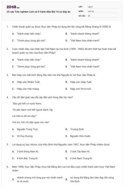 25 câu Trắc nghiệm Lịch sử 8 Cánh diều Bài 16 có đáp án
