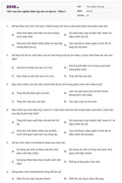 100+ câu trắc nghiệm Biên tập ảnh có đáp án - Phần 3
