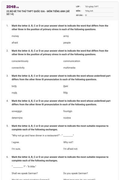 25 BỘ ĐỀ THI THỬ THPT QUỐC GIA - MÔN TIẾNG ANH (ĐỀ SỐ 14)