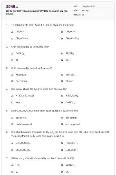 Đề thi thử THPT Quốc gia năm 2019 Hóa học có lời giải (Đề số 29)