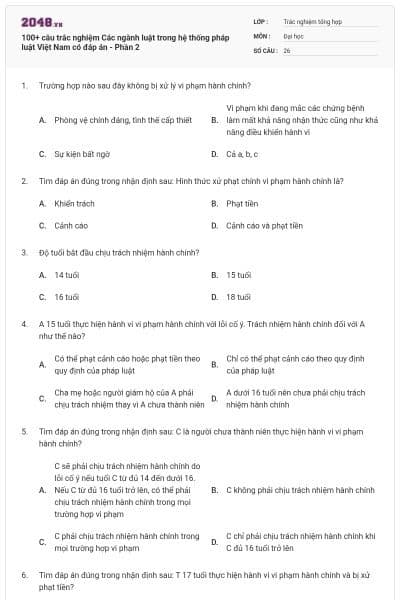 100+ câu trắc nghiệm Các ngành luật trong hệ thống pháp luật Việt Nam có đáp án - Phần 2