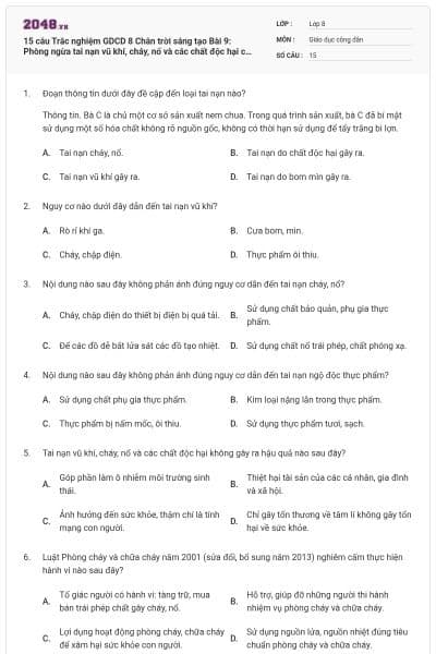 15 câu Trắc nghiệm GDCD 8 Chân trời sáng tạo Bài 9: Phòng ngừa tai nạn vũ khí, cháy, nổ và các chất độc hại có đáp án