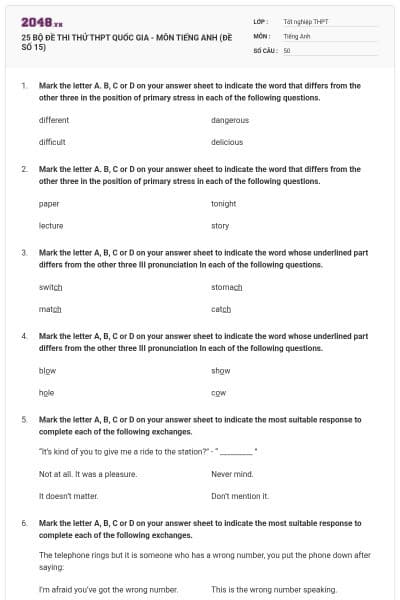 25 BỘ ĐỀ THI THỬ THPT QUỐC GIA - MÔN TIẾNG ANH (ĐỀ SỐ 15)