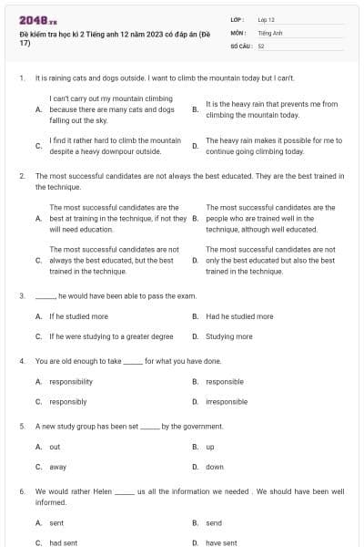 Đề kiểm tra học kì 2 Tiếng anh 12 năm 2023 có đáp án (Đề 17)