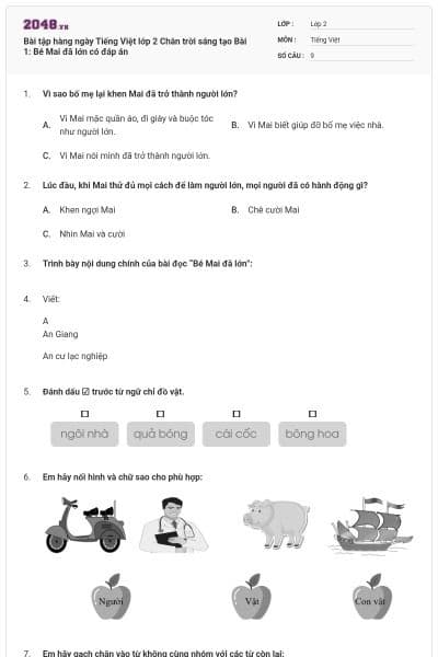 Bài tập hàng ngày Tiếng Việt lớp 2 Chân trời sáng tạo Bài 1: Bé Mai đã lớn có đáp án
