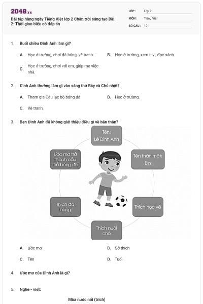 Bài tập hàng ngày Tiếng Việt lớp 2 Chân trời sáng tạo Bài 2: Thời gian biểu có đáp án