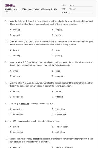 Đề kiểm tra học kì 2 Tiếng anh 12 năm 2023 có đáp án (Đề 19)
