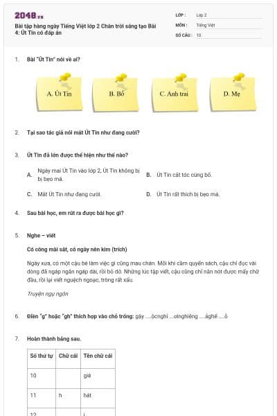 Bài tập hàng ngày Tiếng Việt lớp 2 Chân trời sáng tạo Bài 4: Út Tin có đáp án