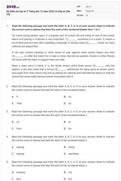 Đề kiểm tra học kì 2 Tiếng anh 12 năm 2023 có đáp án (Đề 20)