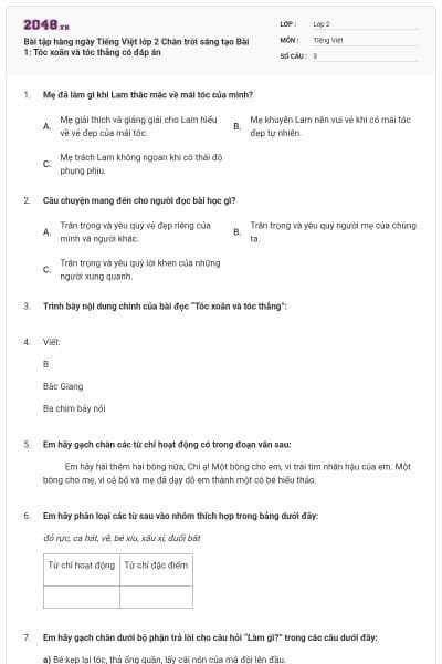 Bài tập hàng ngày Tiếng Việt lớp 2 Chân trời sáng tạo Bài 1: Tóc xoăn và tóc thẳng có đáp án