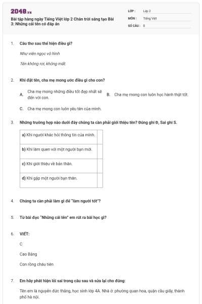 Bài tập hàng ngày Tiếng Việt lớp 2 Chân trời sáng tạo Bài 3: Những cái tên có đáp án