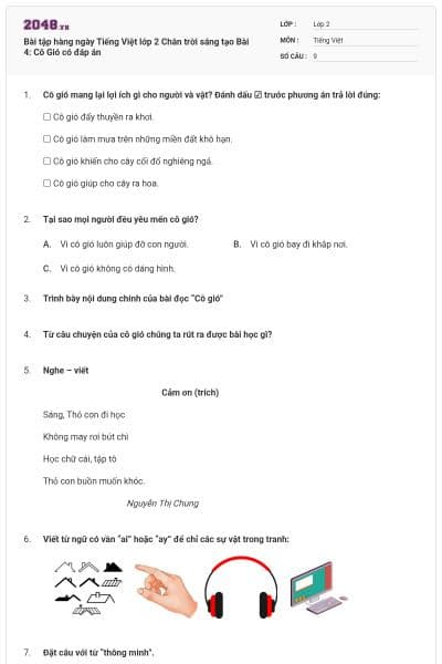 Bài tập hàng ngày Tiếng Việt lớp 2 Chân trời sáng tạo Bài 4: Cô Gió có đáp án