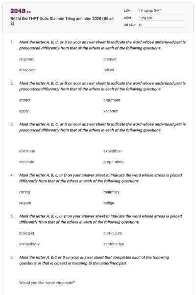Đề thi thử THPT Quốc Gia môn Tiếng anh năm 2020 (Đề số 2)