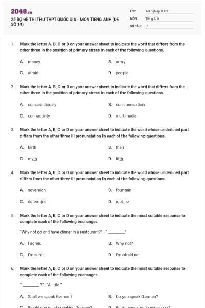 25 BỘ ĐỀ THI THỬ THPT QUỐC GIA - MÔN TIẾNG ANH (ĐỀ SỐ 14)