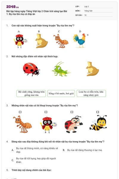 Bài tập hàng ngày Tiếng Việt lớp 2 Chân trời sáng tạo Bài 1: Bọ rùa tìm mẹ có đáp án