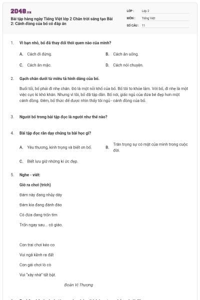 Bài tập hàng ngày Tiếng Việt lớp 2 Chân trời sáng tạo Bài 2: Cánh đồng của bố có đáp án