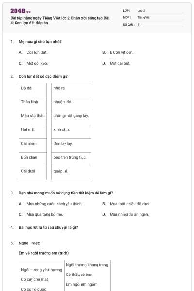 Bài tập hàng ngày Tiếng Việt lớp 2 Chân trời sáng tạo Bài 4: Con lợn đất đáp án