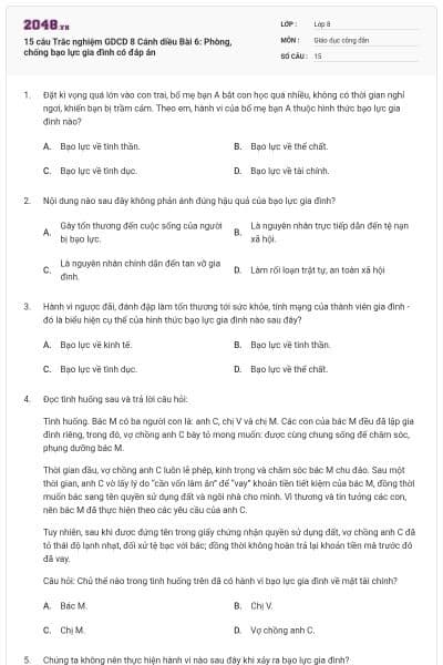 15 câu Trắc nghiệm GDCD 8 Cánh diều Bài 6: Phòng, chống bạo lực gia đình có đáp án