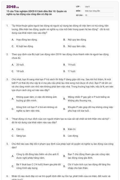 15 câu Trắc nghiệm GDCD 8 Cánh diều Bài 10: Quyền và nghĩa vụ lao động của công dân có đáp án