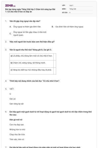 Bài tập hàng ngày Tiếng Việt lớp 2 Chân trời sáng tạo Bài 1: Cô chủ nhà tí hon có đáp án