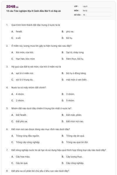 18 câu Trắc nghiệm Địa 8 Cánh diều Bài 9 có đáp án