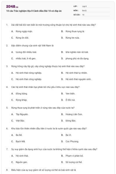 10 câu Trắc nghiệm Địa 8 Cánh diều Bài 10 có đáp án