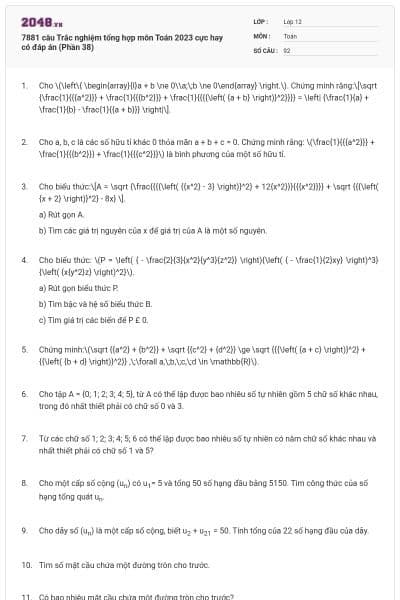 7881 câu  Trắc nghiệm tổng hợp môn Toán 2023 cực hay có đáp án (Phần 38)