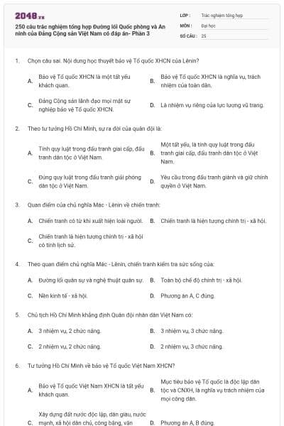 250 câu trắc nghiệm tổng hợp Đường lối Quốc phòng và An ninh của Đảng Cộng sản Việt Nam có đáp án- Phần 3