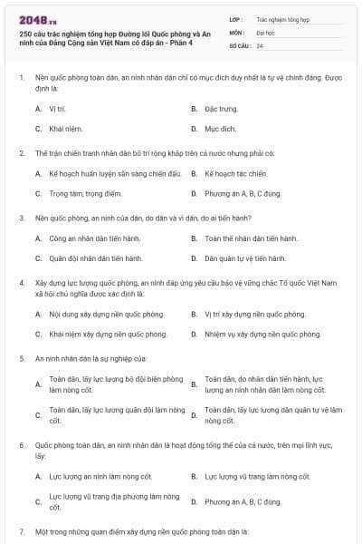 250 câu trắc nghiệm tổng hợp Đường lối Quốc phòng và An ninh của Đảng Cộng sản Việt Nam có đáp án - Phần 4