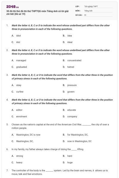 30 đề thi thử đề thi thử THPTQG môn Tiếng Anh có lời giải chi tiết (Đề số 19)