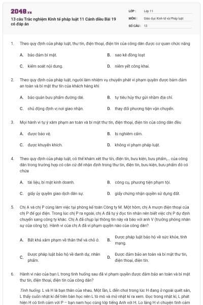 13 câu Trắc nghiệm Kinh tế pháp luật 11 Cánh diều Bài 19 có đáp án