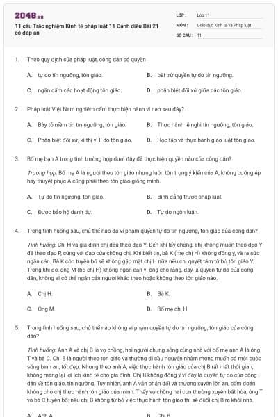 11 câu Trắc nghiệm Kinh tế pháp luật 11 Cánh diều Bài 21 có đáp án