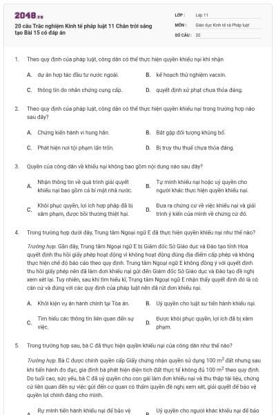 20 câu Trắc nghiệm Kinh tế pháp luật 11 Chân trời sáng tạo Bài 15 có đáp án