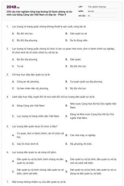 250 câu trắc nghiệm tổng hợp Đường lối Quốc phòng và An ninh của Đảng Cộng sản Việt Nam có đáp án - Phần 9