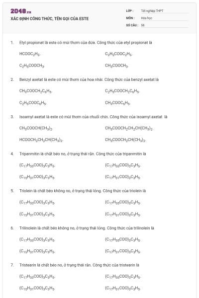 XÁC ĐỊNH CÔNG THỨC, TÊN GỌI CỦA ESTE