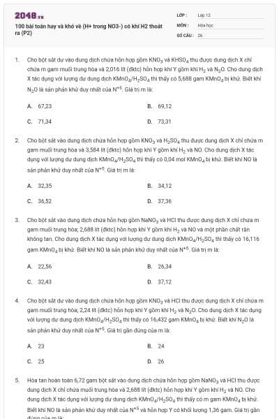 100 bài toán hay và khó về (H+ trong NO3-) có khí H2 thoát ra (P2)