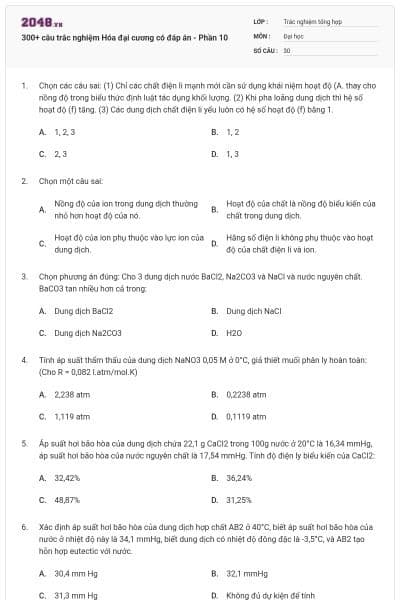 300+ câu trắc nghiệm Hóa đại cương có đáp án - Phần 10