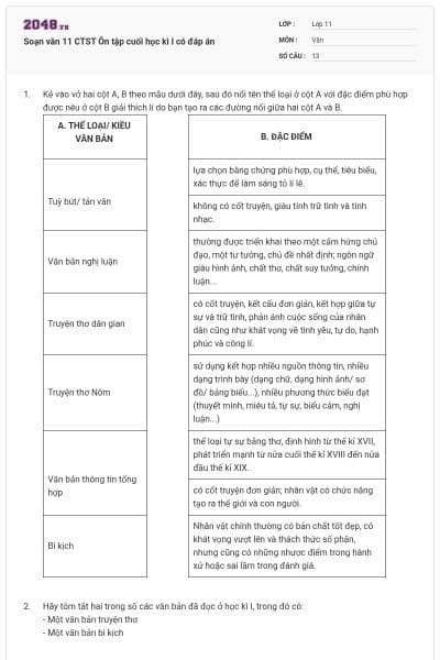 Soạn văn 11 CTST Ôn tập cuối học kì I có đáp án
