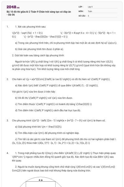 Bộ 10 đề thi giữa kì 2 Toán 9 Chân trời sáng tạo có đáp án - Đề 06