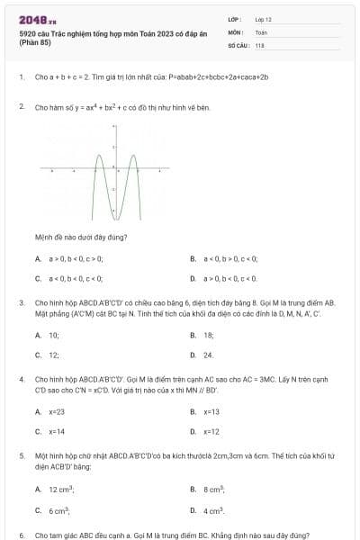 5920 câu Trắc nghiệm tổng hợp môn Toán 2023 có đáp án (Phần 85)