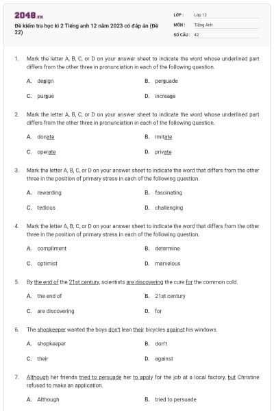 Đề kiểm tra học kì 2 Tiếng anh 12 năm 2023 có đáp án (Đề 22)