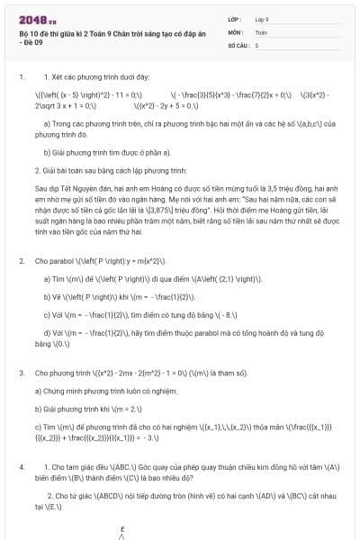 Bộ 10 đề thi giữa kì 2 Toán 9 Chân trời sáng tạo có đáp án - Đề 09
