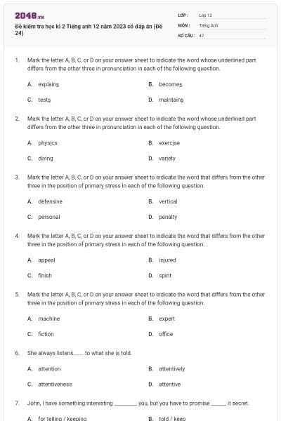 Đề kiểm tra học kì 2 Tiếng anh 12 năm 2023 có đáp án (Đề 24)