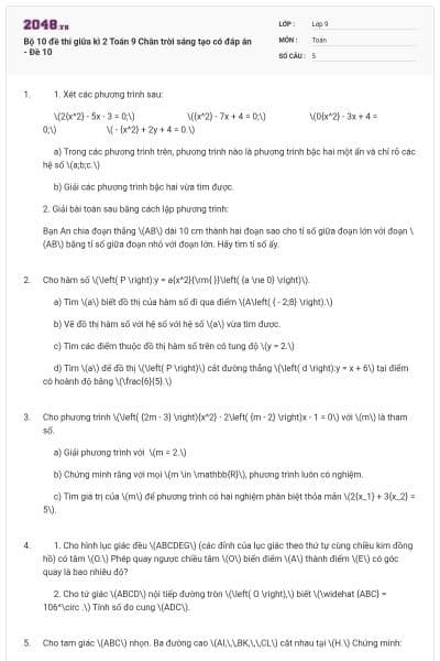 Bộ 10 đề thi giữa kì 2 Toán 9 Chân trời sáng tạo có đáp án - Đề 10