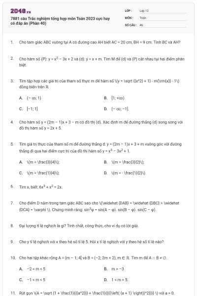 7881 câu  Trắc nghiệm tổng hợp môn Toán 2023 cực hay có đáp án (Phần 40)