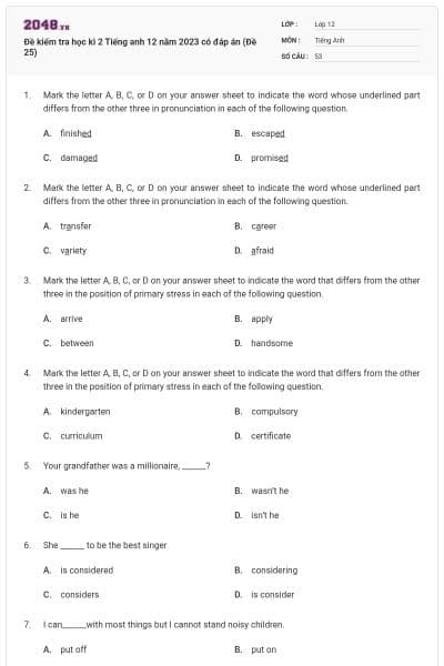 Đề kiểm tra học kì 2 Tiếng anh 12 năm 2023 có đáp án (Đề 25)