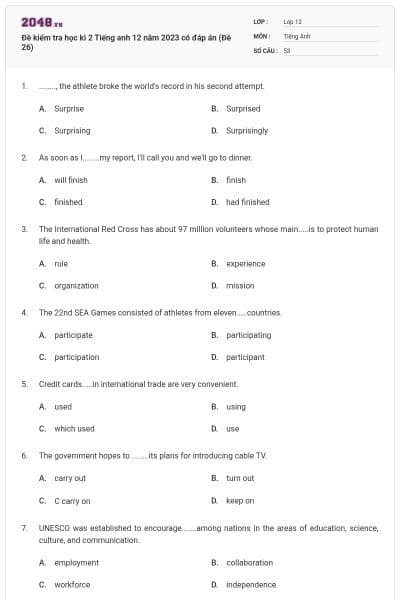 Đề kiểm tra học kì 2 Tiếng anh 12 năm 2023 có đáp án (Đề 26)