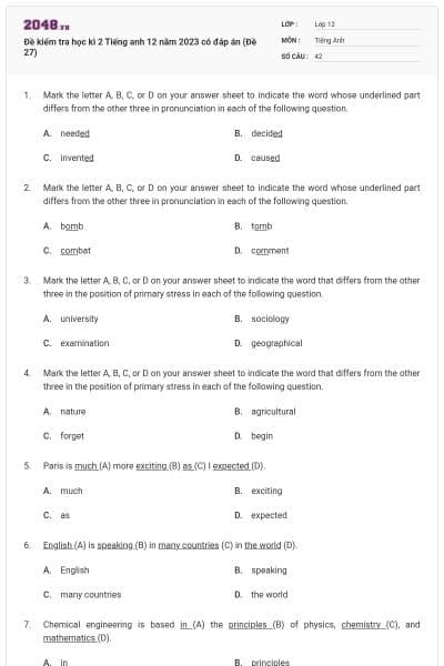 Đề kiểm tra học kì 2 Tiếng anh 12 năm 2023 có đáp án (Đề 27)